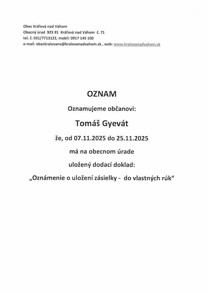 Oznámenie o&nbsp;uložení zásielky